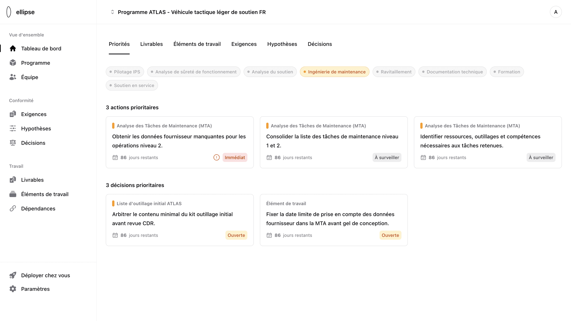 Vue Priorités d'ellipse : les 3 actions et les 3 décisions prioritaires du domaine ingénierie de maintenance