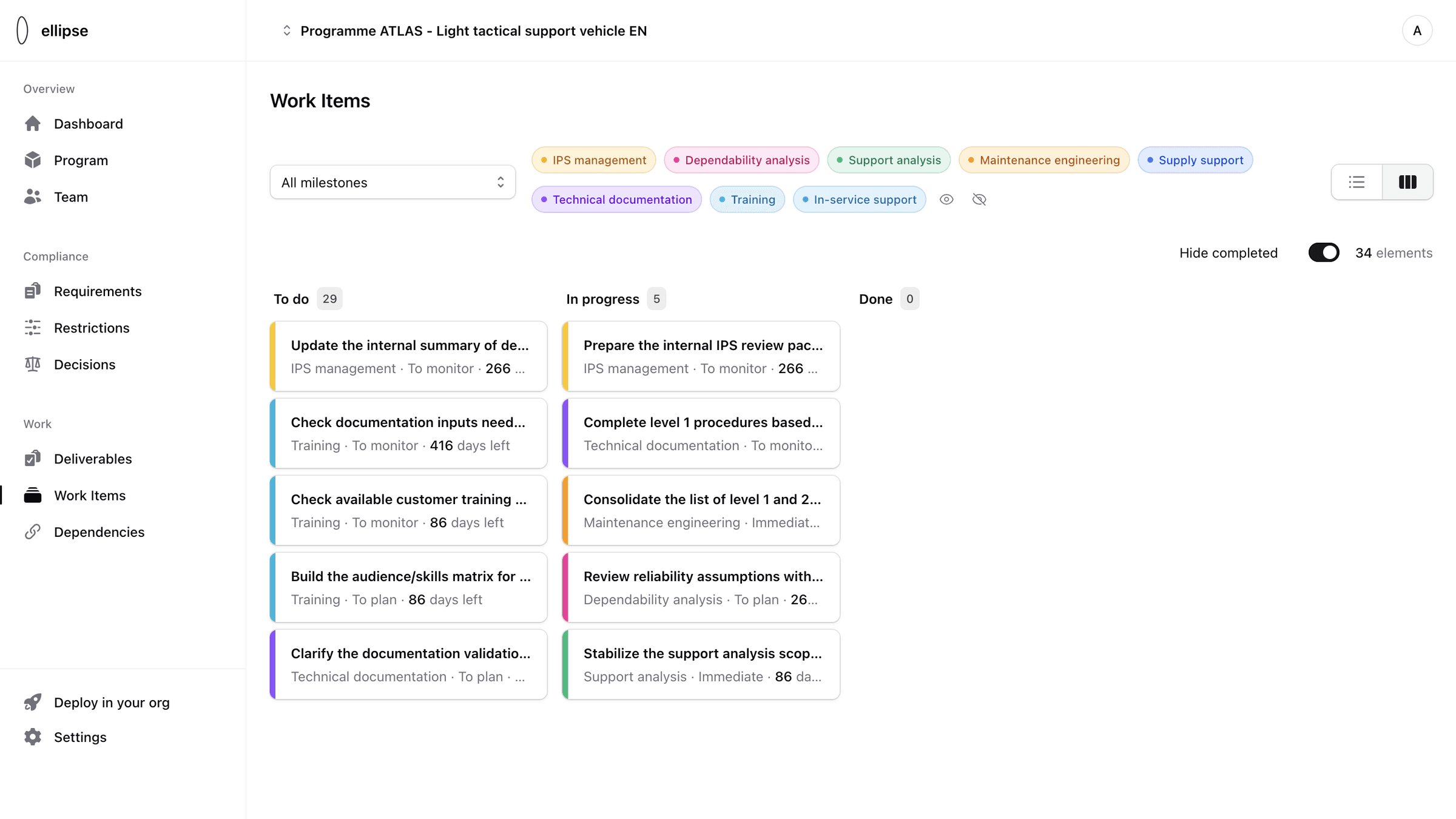 ellipse Work Items board: tasks by status and support domain, with due dates