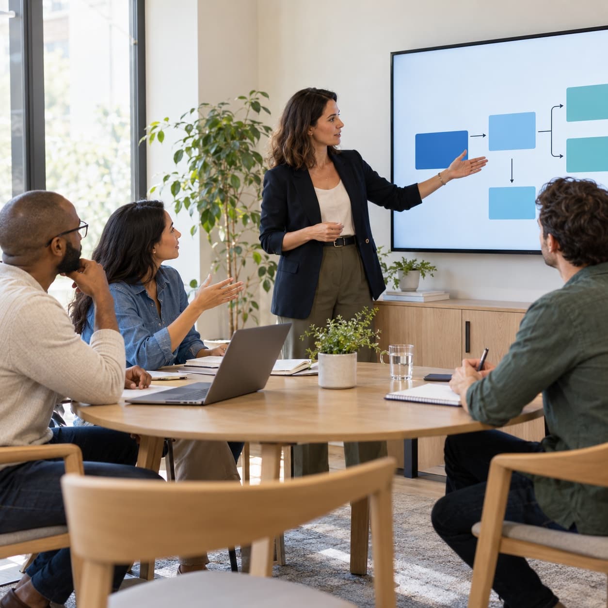 Trainer explaining a process diagram on screen to a small group around a round table
