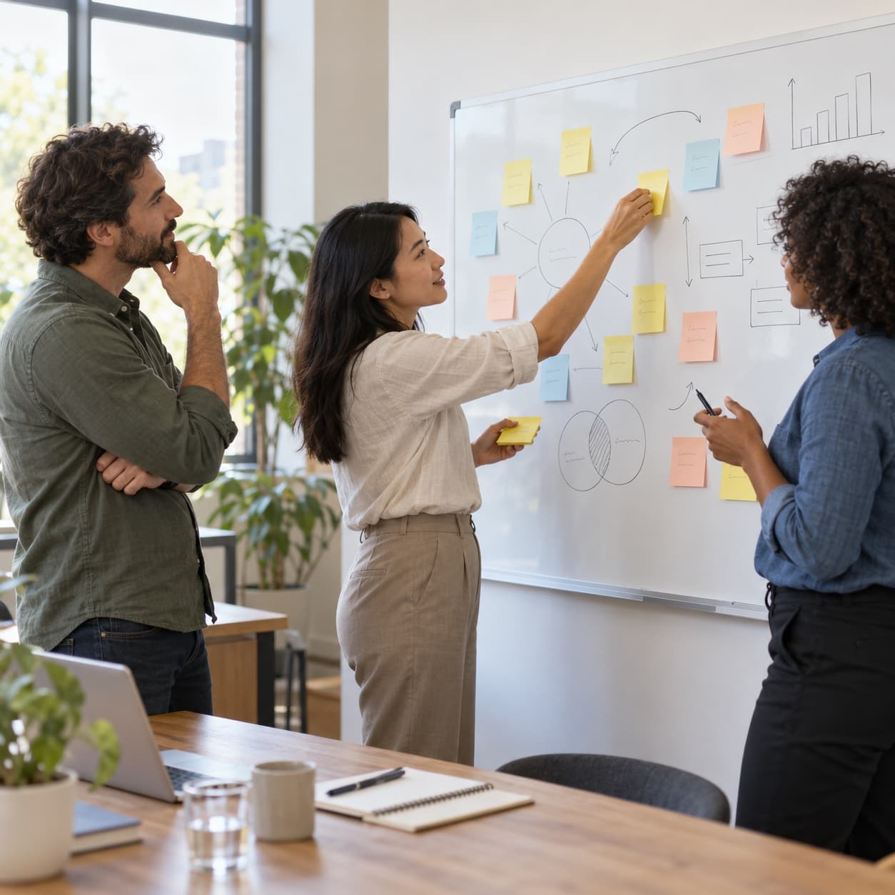 Three people in a diagnostic workshop, mapping ideas with sticky notes on a whiteboard