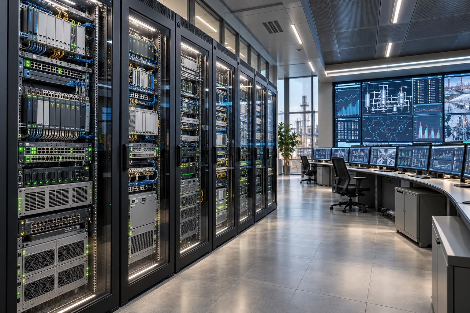 Control centre with equipment racks, operator consoles and a wall of supervision displays