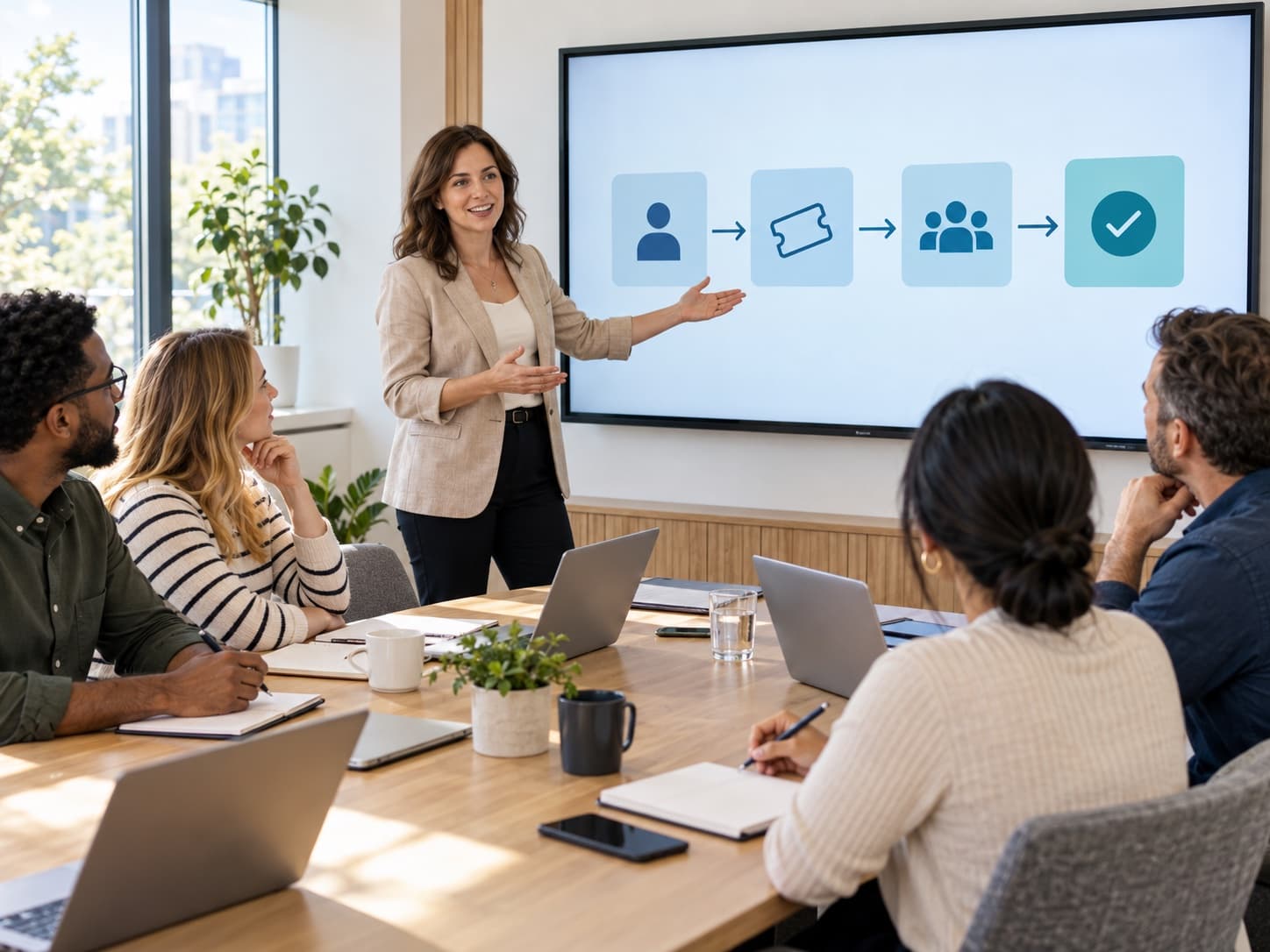 Trainer presenting a process diagram on a screen to a small group around a table