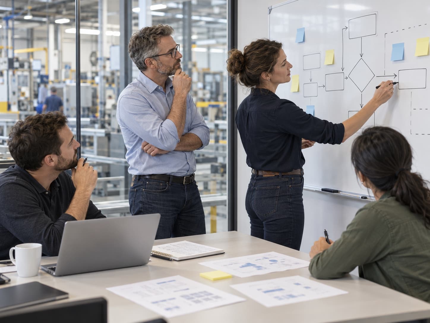 Industrial team mapping a business process on a whiteboard, with the production floor behind the glass