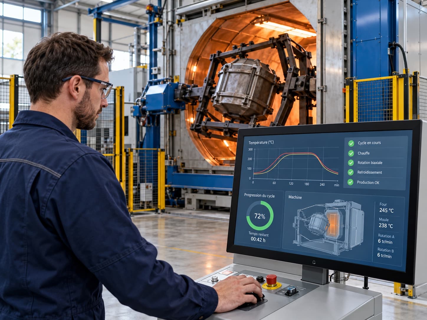Operator following a production cycle on an application screen next to an industrial machine